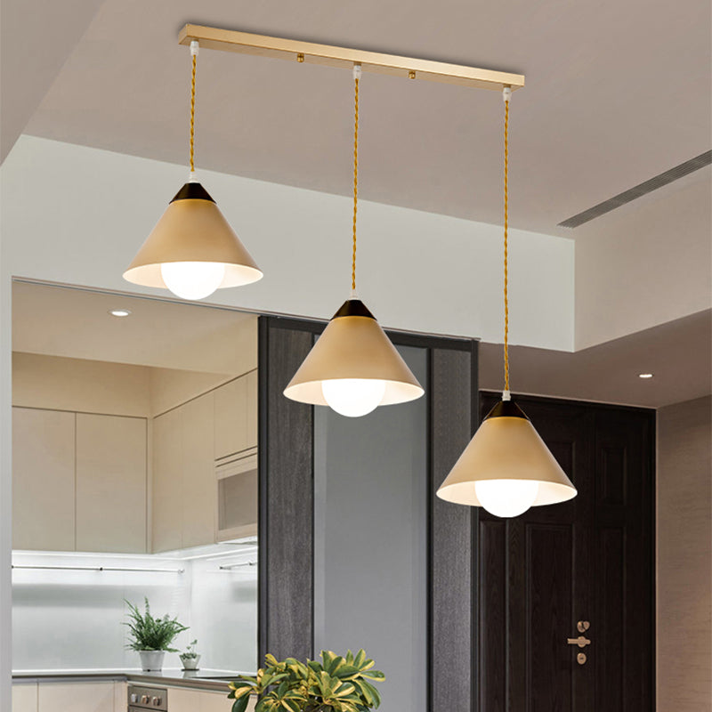 Modern Metal Hanging Pendant Lamp With 3 Conical Black And Gold Heads - Round/Linear Canopy