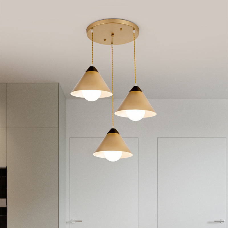 Modern Metal Hanging Pendant Lamp With 3 Conical Black And Gold Heads - Round/Linear Canopy