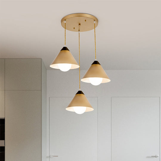 Modern Conical Metal 3-Head Black And Gold Pendant Lamp With Multiple Hanging Lights Round/Linear
