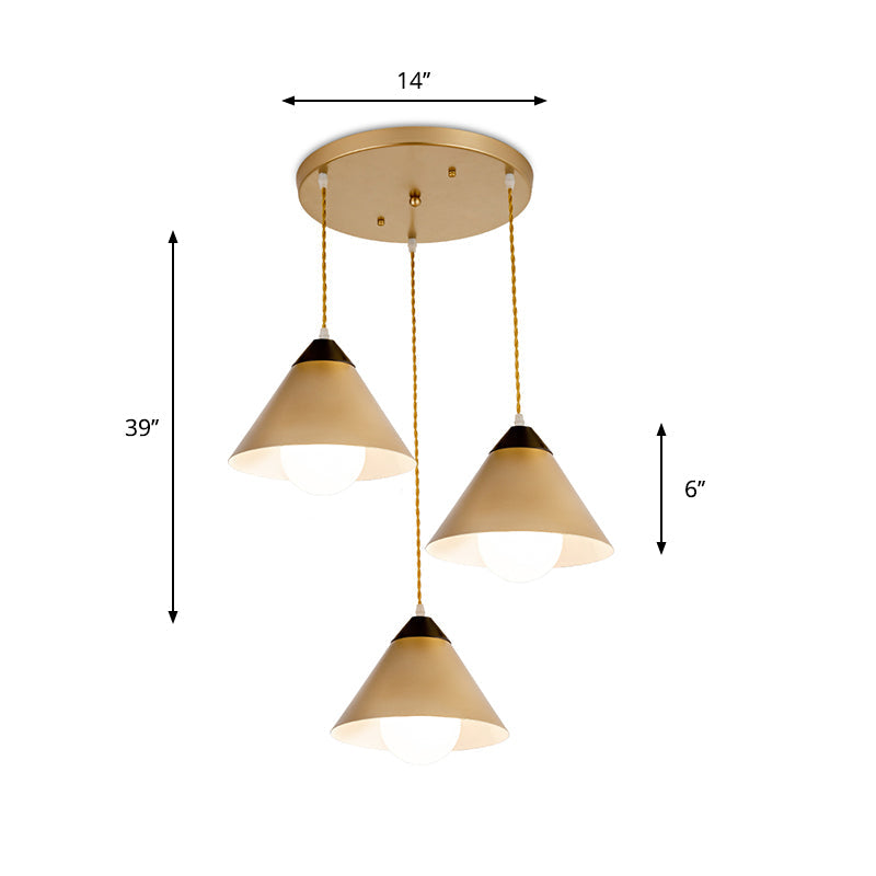 Modern Metal Hanging Pendant Lamp With 3 Conical Black And Gold Heads - Round/Linear Canopy