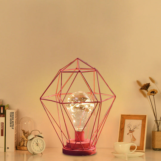 Macaron Diamond/Geometric Led Nightstand Lamp For Girls Room In Black/Pink With Glow String