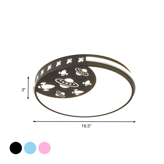 Crescent Led Flush Mount Kids Acrylic Ceiling Lamp In Blue/Black/Pink Outer Space Design For Child