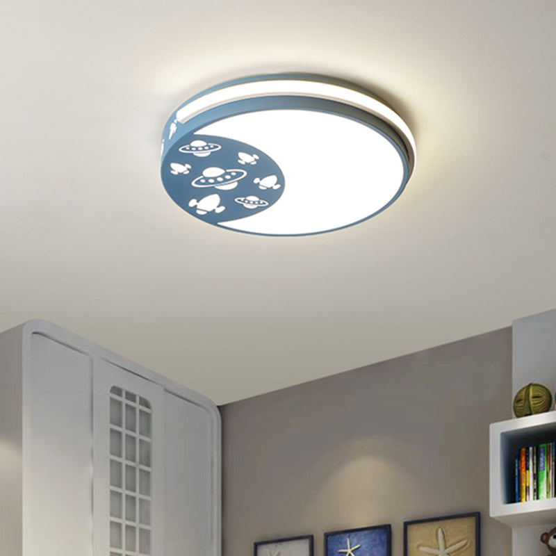 Crescent Led Flush Mount Kids Acrylic Ceiling Lamp In Blue/Black/Pink – Outer Space Design For