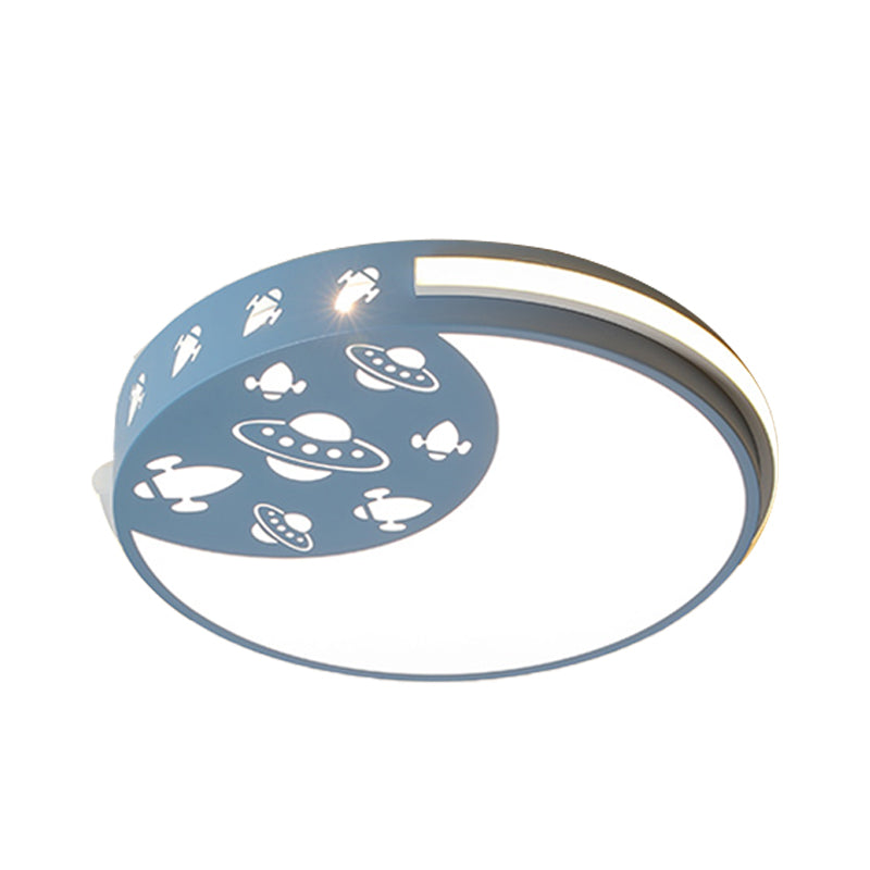 Crescent Led Flush Mount Kids Acrylic Ceiling Lamp In Blue/Black/Pink Outer Space Design For Child