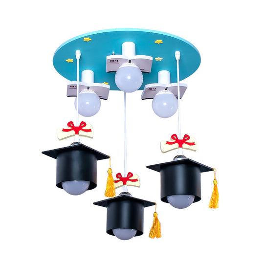 Kids Blue Square Cap Resin Ceiling Light With 3 Flush Lights For Bedroom