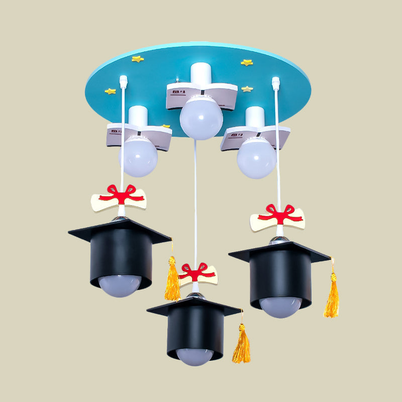 Kids Blue Square Cap Resin Ceiling Light With 3 Flush Lights For Bedroom