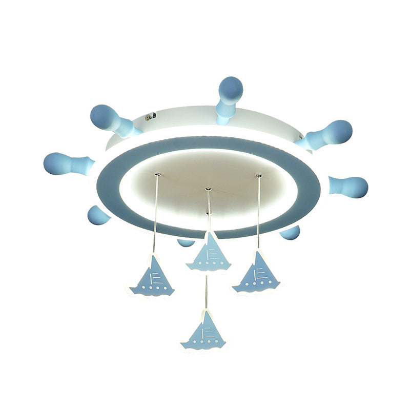 Marine Steering Wheel Flush Light: Kids Room Ceiling Mount Fixture With Sailing Boat Design - Sky