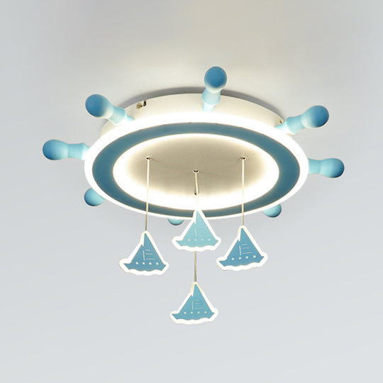 Marine Steering Wheel Flush Light: Kid’s Room Ceiling Mount Fixture With Sailing Boat Design -
