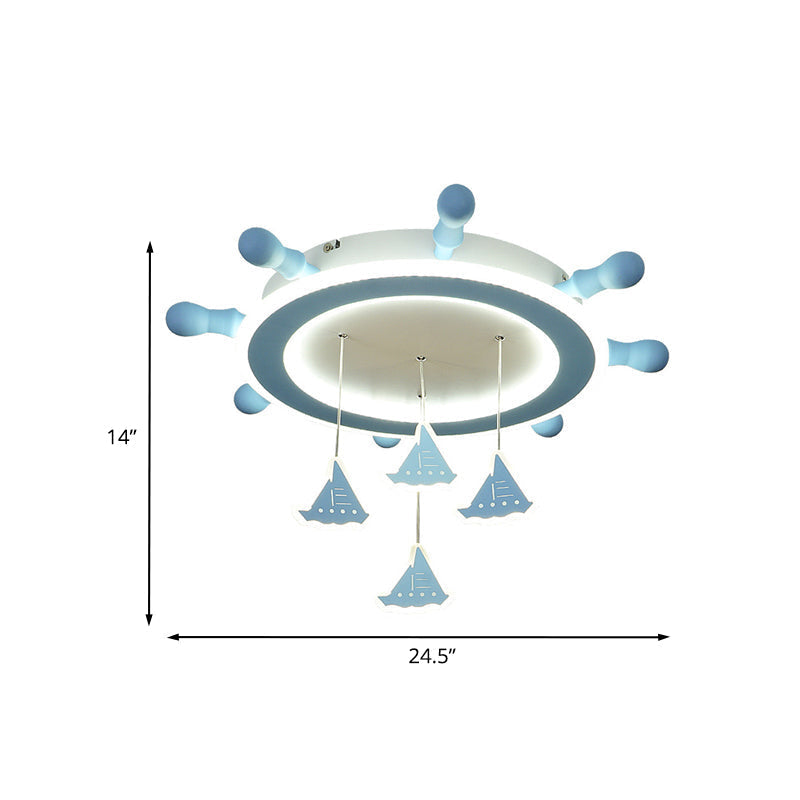 Marine Steering Wheel Flush Light: Kids Room Ceiling Mount Fixture With Sailing Boat Design - Sky