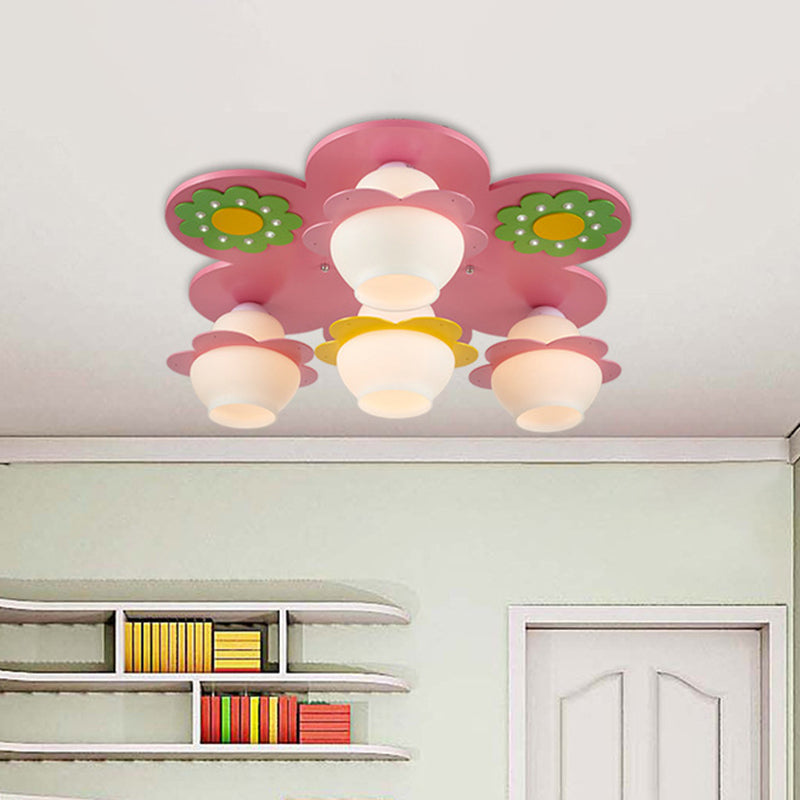 Handcrafted Wood Blossom Kids Flushmount Light With Pink Glass Shade - 4 - Light Ceiling Fixture