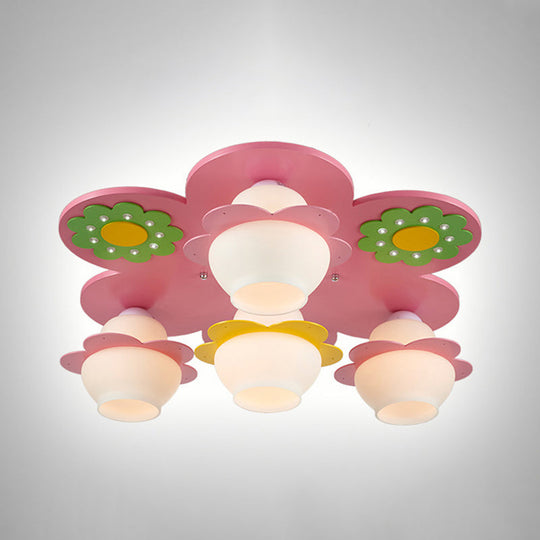 Handcrafted Wood Blossom Kids Flushmount Light With Pink Glass Shade - 4 - Light Ceiling Fixture