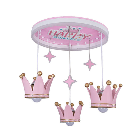Kids Pink Acrylic Ceiling Flush Mount Light With 3 Bulbs And Suspended Resin Crown