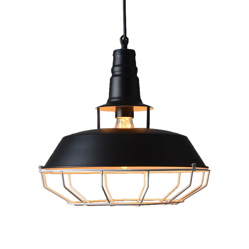 Farmhouse Cage Pendant Lamp: Black Barn Hanging Light With Metallic Finish For Restaurants