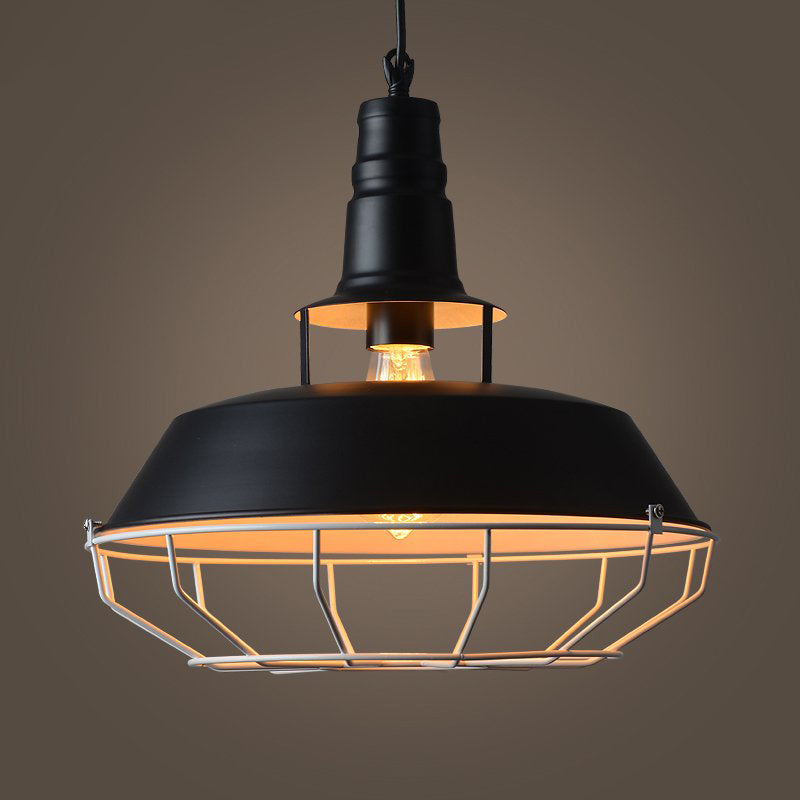 Farmhouse Cage Pendant Lamp: Black Barn Hanging Light With Metallic Finish For Restaurants