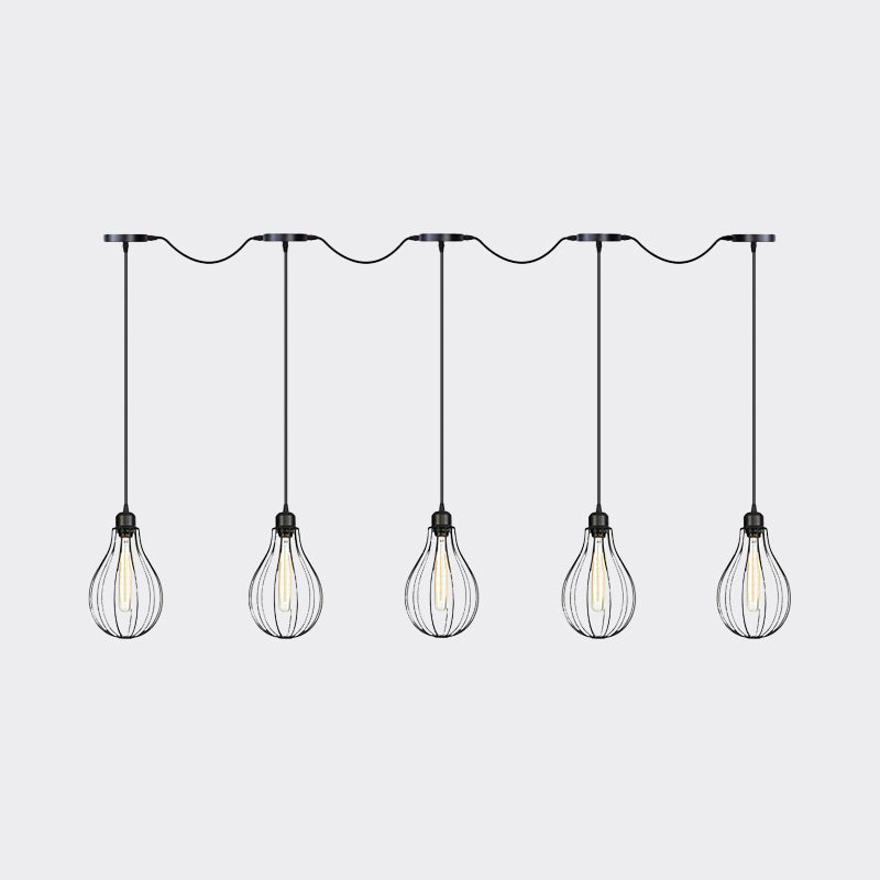 Industrial Pear Cage Pendant Chandelier With 3/5/7 Bulb Multi Light Kit In Black Iron