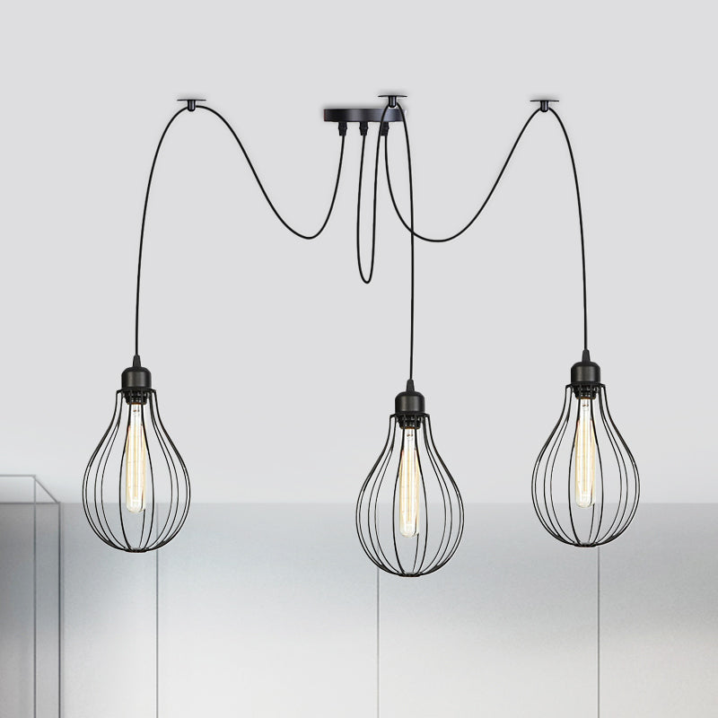 Vintage Iron Pear Cage Hanging Light: 2/3/6-Light Coffee House Swag Pendulum Lamp In Black