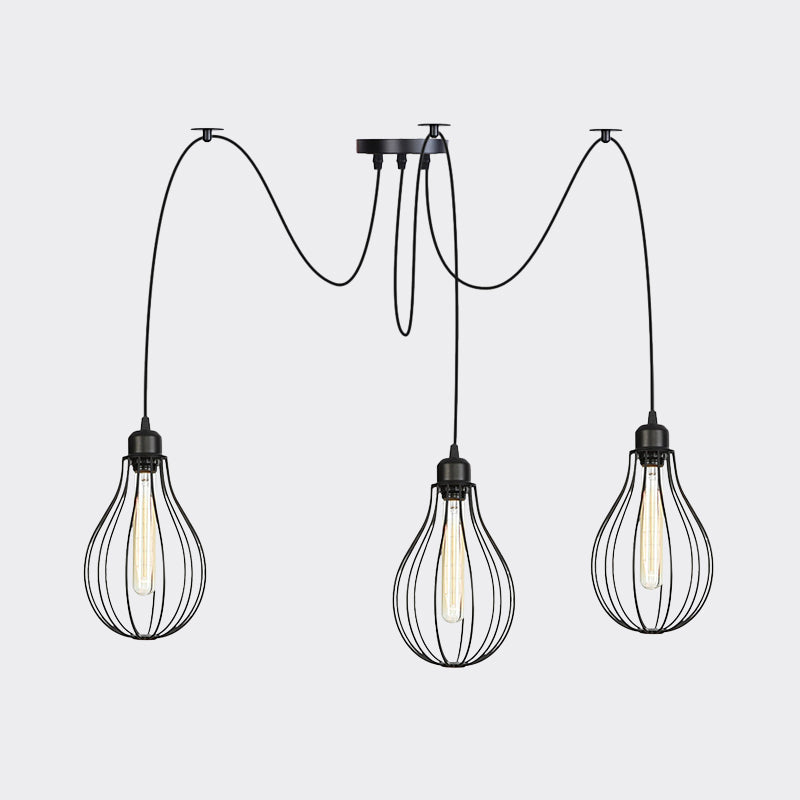 Vintage Iron Pear Cage Hanging Light: 2/3/6-Light Coffee House Swag Pendulum Lamp In Black
