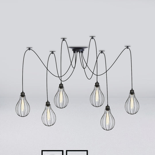 Vintage Iron Pear Cage Hanging Light: 2/3/6-Light Coffee House Swag Pendulum Lamp In Black