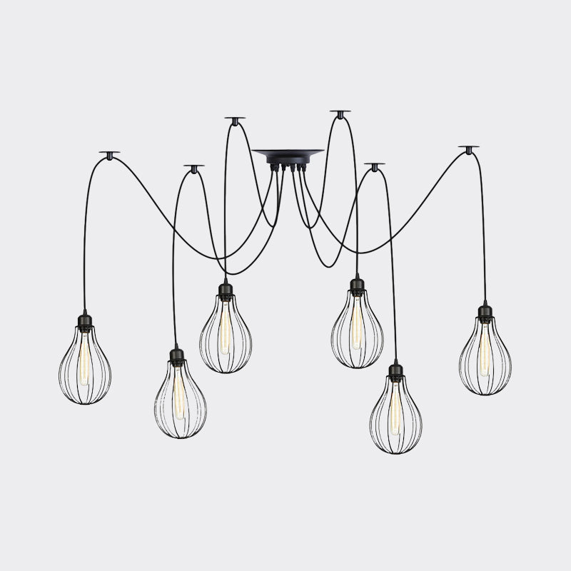 Vintage Iron Pear Cage Hanging Light: 2/3/6-Light Coffee House Swag Pendulum Lamp In Black