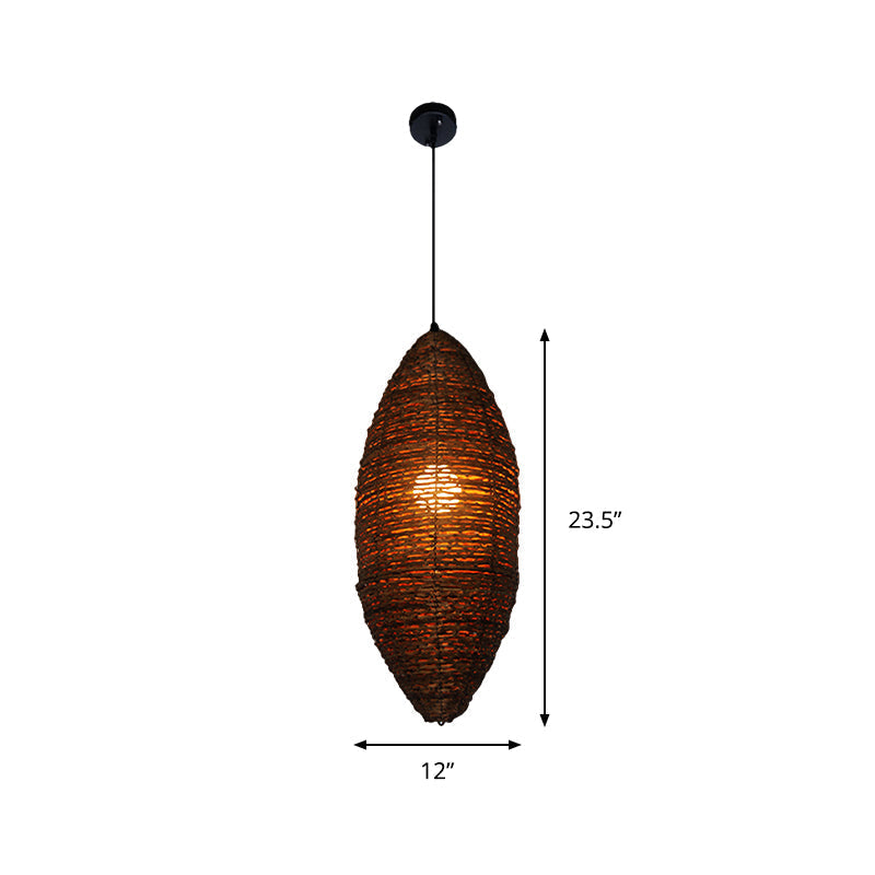 Modern Rattan Pendant Light With Coffee Finish - Single Bulb Suspension Lamp In Cocoon Shape