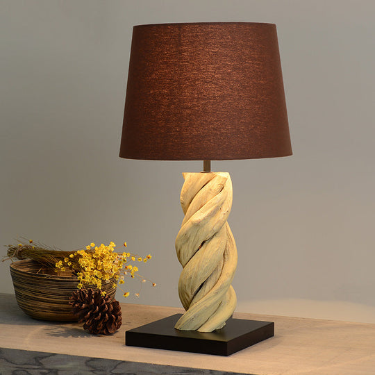 Art Deco Barrel Fabric Night Lamp With Spiral Wood Base - Brown