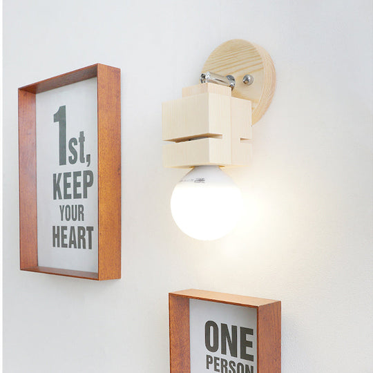 Modern Wood Wall Sconce With Rotatable Bare Bulb - 1-Head Bedroom Lamp