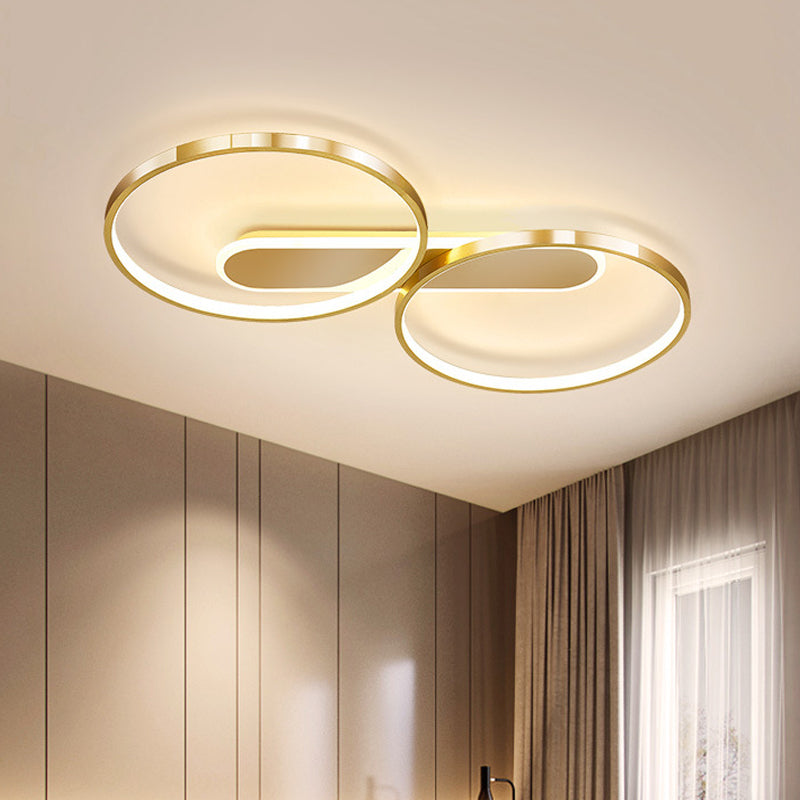 Gold Metal Led Bedroom Flush Ceiling Light - Minimalist Dual Loop Design Warm/White