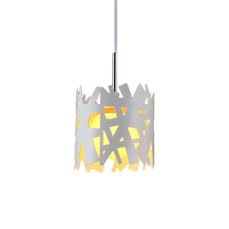Iron Cylinder Cage Pendant Light - Modern 1 Bulb White Finish Ceiling Suspension Lamp