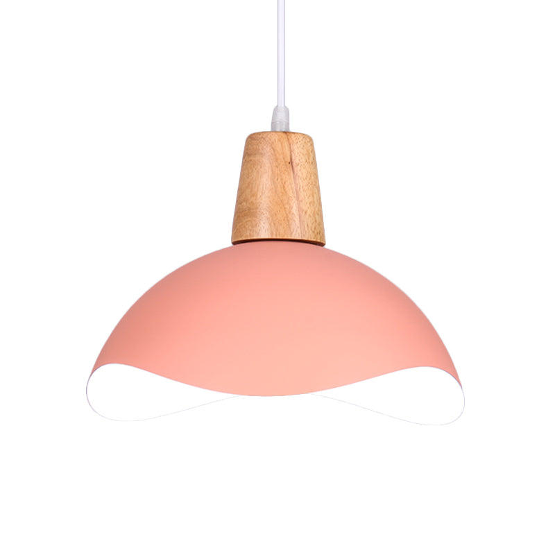 Macaron Iron 1-Light Hanging Lamp In Waving Dome Design - Pink/Yellow/Green Finish For Dining Room
