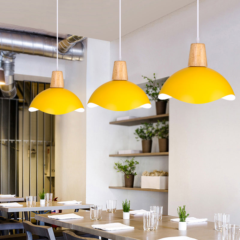 Macaron Iron 1-Light Hanging Lamp In Waving Dome Design - Pink/Yellow/Green Finish For Dining Room