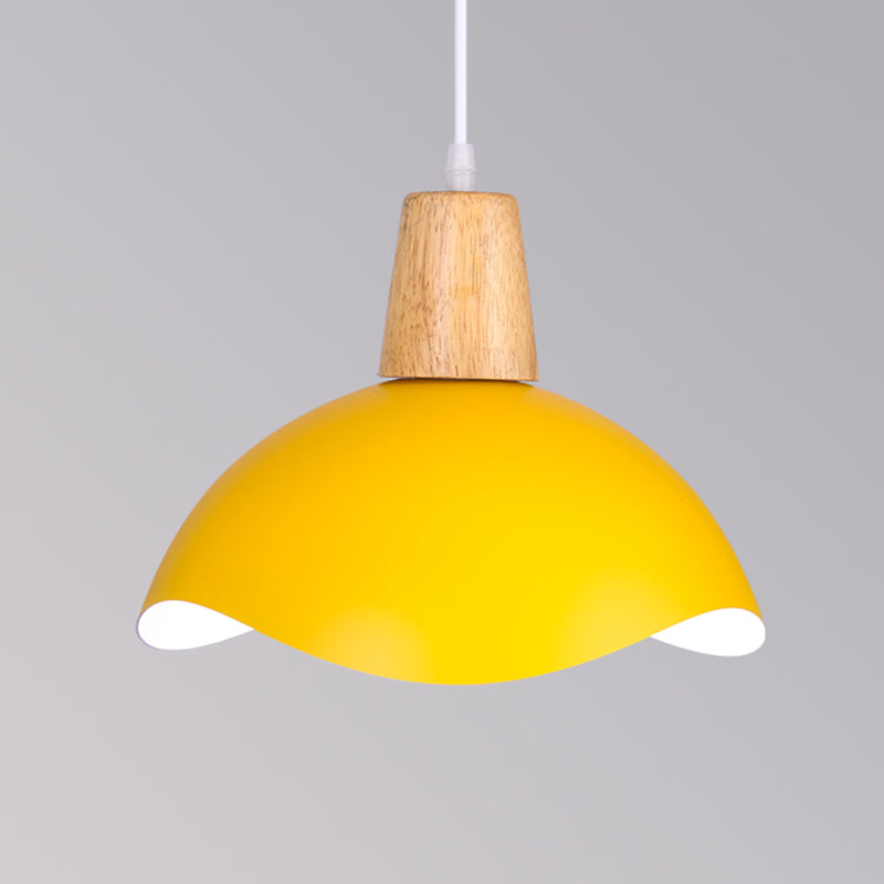 Macaron Iron 1-Light Hanging Lamp In Waving Dome Design - Pink/Yellow/Green Finish For Dining Room