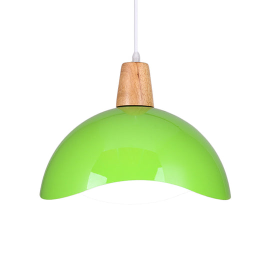 Macaron Iron 1-Light Hanging Lamp In Waving Dome Design - Pink/Yellow/Green Finish For Dining Room