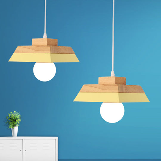Modern Yellow/Pink & Wood Living Room Suspension Light With Geometric Metal Shade - 1-Bulb Hanging
