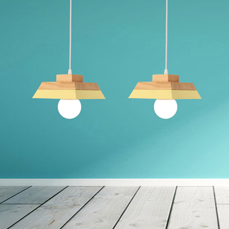 Modern Yellow/Pink And Wood Living Room Pendant Light With Geometric Metal Shade