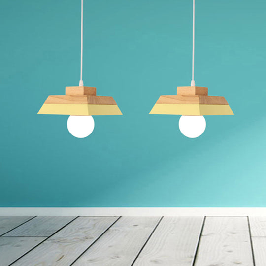 Modern Yellow/Pink And Wood Living Room Pendant Light With Geometric Metal Shade