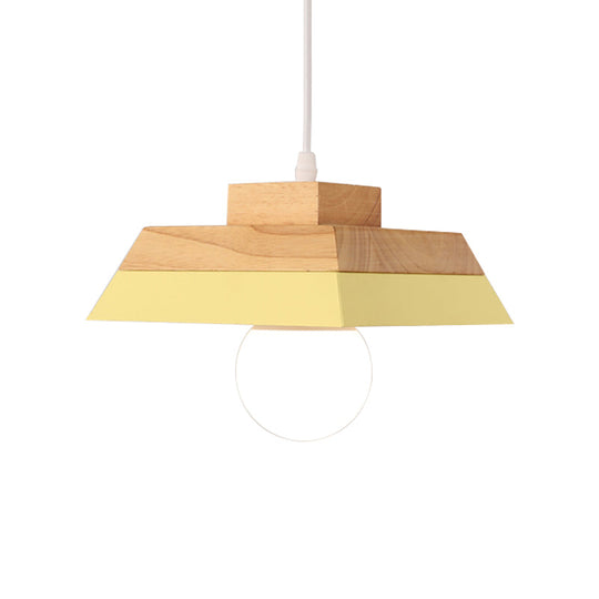Modern Yellow/Pink And Wood Living Room Pendant Light With Geometric Metal Shade