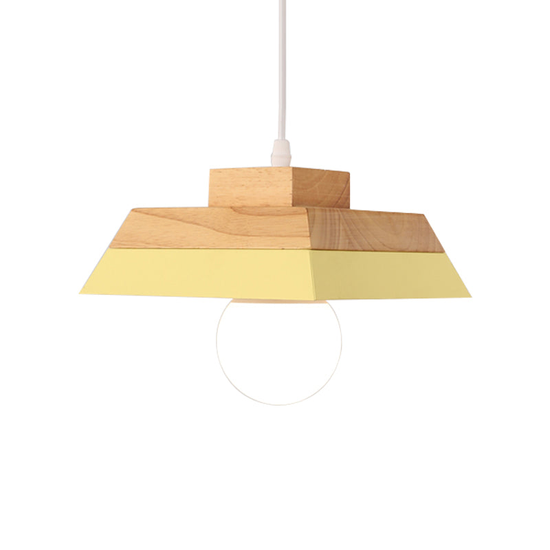 Modern Yellow/Pink & Wood Living Room Suspension Light With Geometric Metal Shade - 1-Bulb Hanging