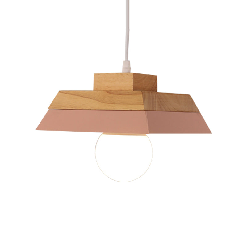 Modern Yellow/Pink & Wood Living Room Suspension Light With Geometric Metal Shade - 1-Bulb Hanging