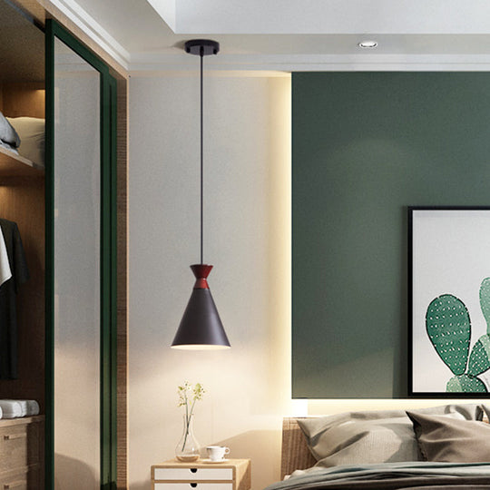 Modernist Iron 1-Head Bedside Pendant Light In Black/Grey/White - Wide Flare Drop Design