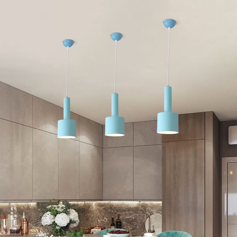 Macaron 1-Light Blue Finish 2-Layer Tube Metal Hanging Light Kit Ceiling Pendant Lamp For Table