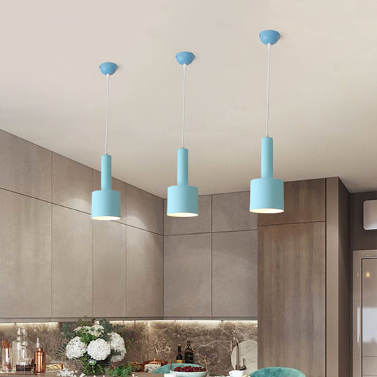 Macaron 1-Light Blue Finish 2-Layer Tube Metal Hanging Light Kit Ceiling Pendant Lamp For Table
