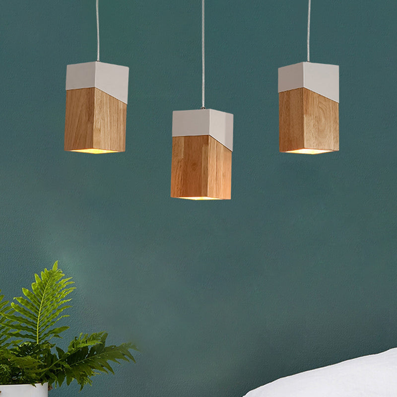 3-Head Modern Beige And White Pendant Light With Wood Shade - Ideal For Study Room