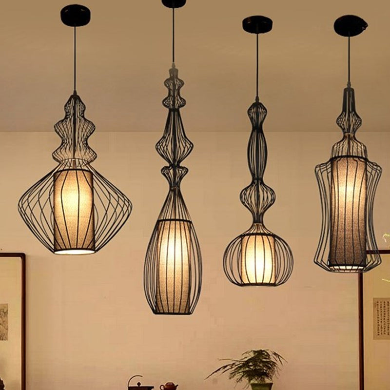 Industrial Black Wire Pendant Light With Fabric Shade - 1 Dining Room Fixture