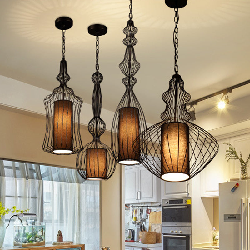 Industrial Black Wire Pendant Light With Fabric Shade - 1 Dining Room Fixture