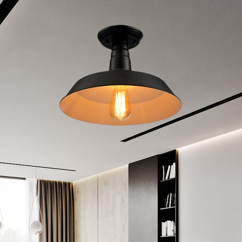 Black/Red Industrial Style Semi Flush Ceiling Light Fixture For Corridor - Metallic Barn Shade