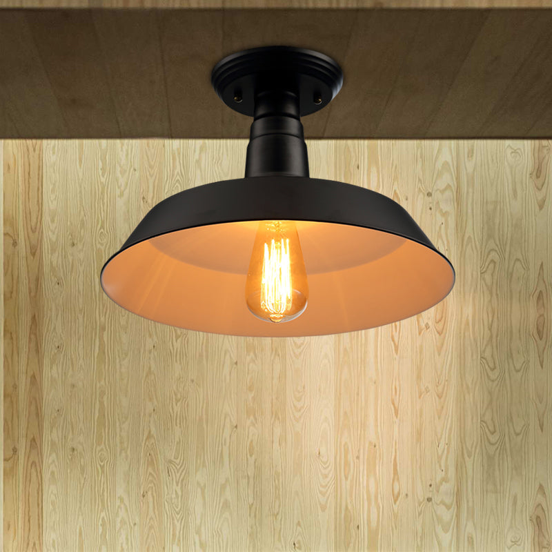 Black/Red Industrial Style Semi Flush Ceiling Light Fixture For Corridor - Metallic Barn Shade