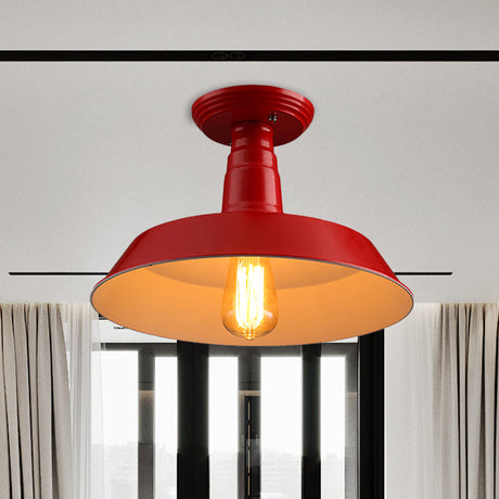 Black/Red Industrial Style Semi Flush Ceiling Light Fixture For Corridor - Metallic Barn Shade 10/14