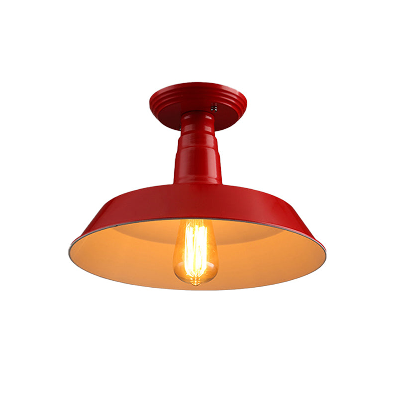 Black/Red Industrial Style Semi Flush Ceiling Light Fixture For Corridor - Metallic Barn Shade