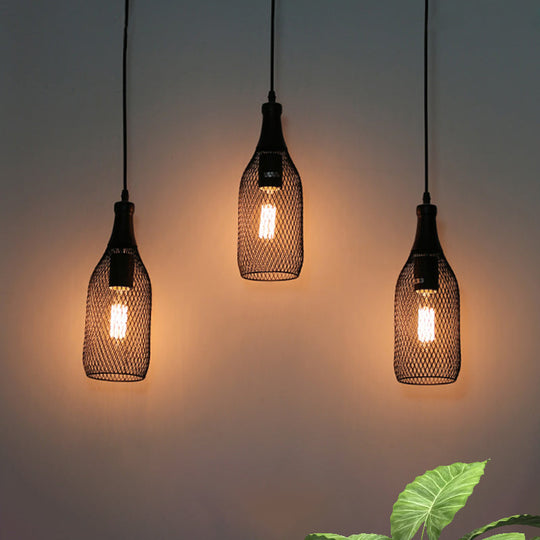 Industrial Style Black Bottle Mesh Pendant Light With 3/6 Lights - Ideal For Restaurants
