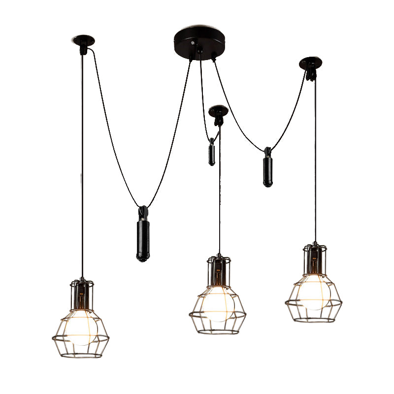 Farmhouse Black Metallic Pendant Light Fixture With Swag Design - 3/5/8 Head Caged Hanging Lamp